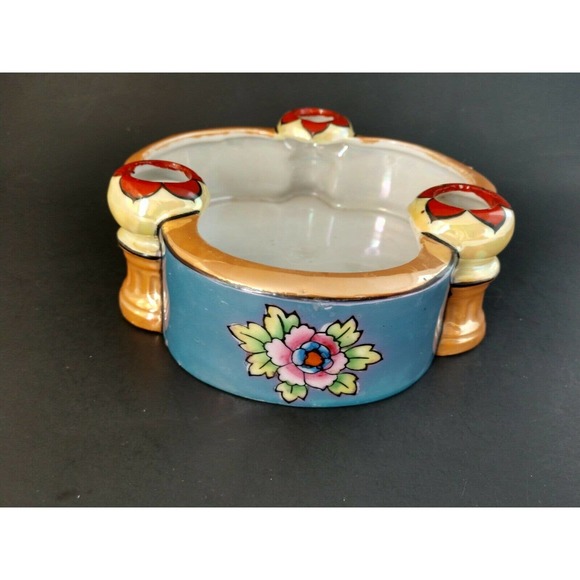 VTG Seiei & Co Lusterware Vase Bowl Candle Japan Floral Bird Hand Paint 1940-60 - Picture 4 of 8